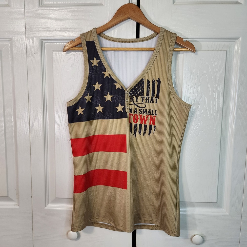 Try That In A Small Town American Flag Henley Tank Top Tan XL Patriotic Ribbed